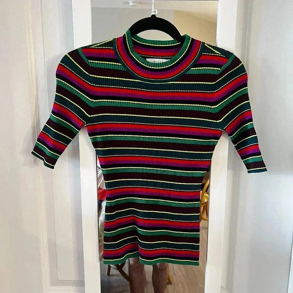 385 Milly Stripped Ribbed Short Sleeve Blouse Size Small Color Black Red - Picture 3 of 7